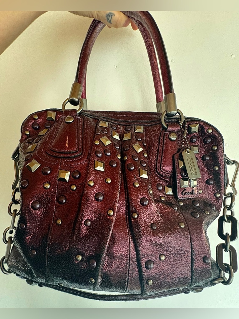 Coach Kristen Metallic Burgundy Studded Satchel